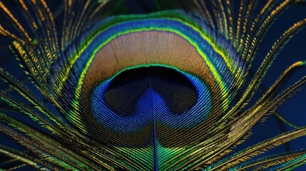 A detailed shot of a peacock feather, focusing on the vibrant colors and intricate patterns. 
