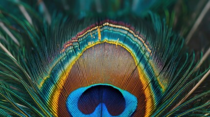 Naklejka premium A detailed shot of a peacock feather, focusing on the vibrant colors and intricate patterns. 