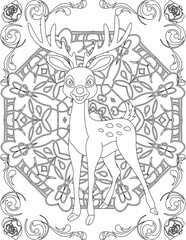 Deer on Mandala Coloring Page. Printable Coloring Worksheet for Adults and Kids. Educational Resources for School and Preschool. Mandala Coloring for Adults