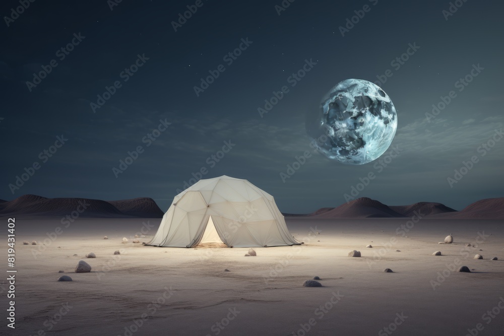 Wall mural horizon lights futuristic tent under desert stars and moon. - Wall murals