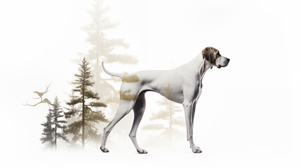 Obraz na płótnie Canvas double exposure, white background, full body of a blood hound illustration ~ Created using Generative AI