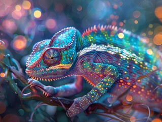 A vibrant, close-up photo of a chameleon with colorful skin patterns, blending in with its magical surroundings of glowing bokeh lights.