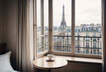 Paris eiffel tower view from the window in the hotel room