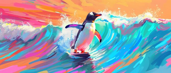 A vibrant, colorful illustration of a penguin surfing on a wave with a stunning sunset in the background. Creative and whimsical art.