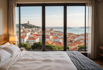 Lisbon city view in from hotel room bed window