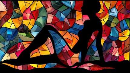 minimalistic abstract art, mid forty old beautiful joyful lightly overweight woman, body contour in the style of stained glass