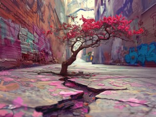 A vibrant tree grows in a cracked, graffiti-covered urban alley, symbolizing resilience and nature's perseverance amid concrete surroundings.