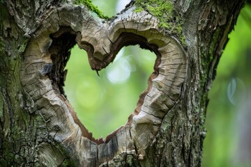 A heartshaped hole in the trunk of an old tree, symbolizing love and connection between nature and...