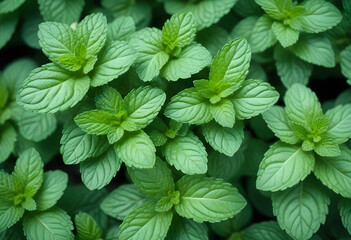 Green mint leaves, close-up view of vibrant foliage with detailed textures and patterns