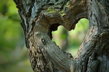 A heartshaped hole in the trunk of an old tree, symbolizing love and connection between nature and...
