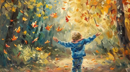 A joyful child is playing in an autumn park, throwing leaves into the air with excitement and joy. The scene depicts the child playing