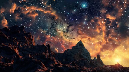 Breathtaking cosmic landscape with colorful nebula, dazzling stars, and rocky terrain under starlit sky showcasing the wonders of the universe.