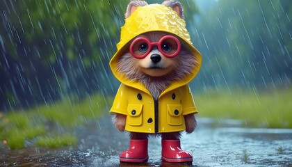 3d animated character, quirky fuzzy dog wearing a big hat, goofy goggles and yellow raincoat with red boots in the rain