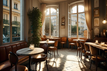 Fototapeta premium An inviting French cafe interior bathed in morning sunlight with elegant seating and large windows