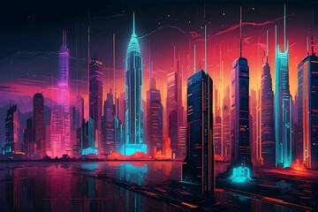 Artistic interpretation of a neon-lit futuristic cityscape with skyscrapers and a reflective waterfront