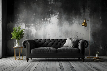 An elegant living room featuring a luxurious black leather sofa, gold floor lamp, and textured gray wall