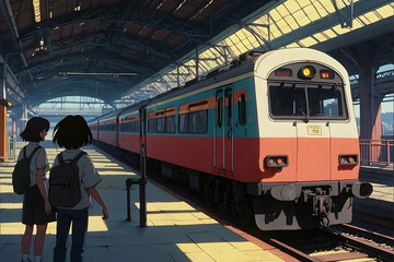 Two animated characters stand on a train platform in this scene from an anime, depicting modern Japanese culture