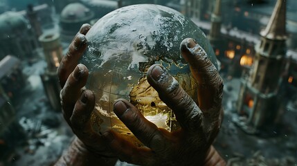 A close-up shot of weathered hands holding a well-traveled globe, with faded images of famous landmarks visible through the transparent surface