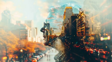A double exposure image featuring the profile of a senior traveler blended with scenes of bustling city streets and serene natural landscapes, illustrating a rich tapestry of adventures