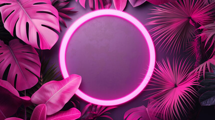 Glowing Fluorescent Pink Ring Surrounded by Palm Leaves