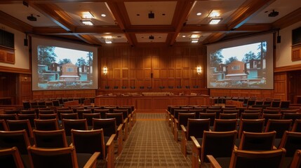 A photo of a large conference room with wood paneling and two big screens showing images from Mormon culture. The photo has high resolution, hyper realistic and detailed textures