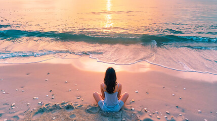 Woman Sitting on Beach at Sunset with Seashells and Calm Waves