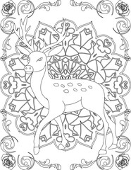Deer on Mandala Coloring Page. Printable Coloring Worksheet for Adults and Kids. Educational Resources for School and Preschool. Mandala Coloring for Adults