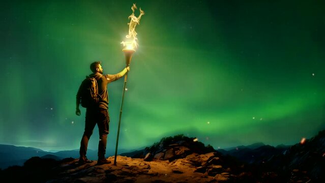 Man holding torch in the mountains at night