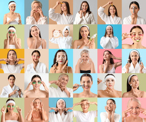 Collage with many women taking care of their skin on color background