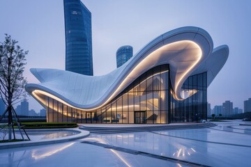 Curved architectural marvel illuminated by city lights at dusk with skyline in background