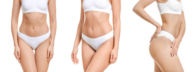 Slim young woman in underwear on white background. Concept of diet, weight loss and plastic surgery