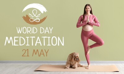 Sporty pregnant woman with dog meditating near green wall. Banner for World Day of Meditation