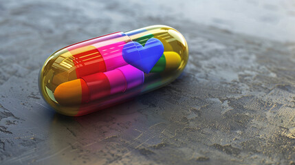 Colorful pills with LGBTQ+ heart Pride Month, June