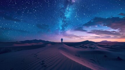 Beautiful night landscape with a starry sky and desert dunes in the background. A man is walking on sand hills at dusk,