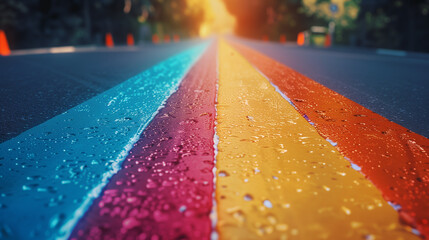Colorful LGBTQ+ frag on road, Pride Month, June