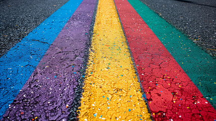 Colorful LGBTQ+ frag on road, Pride Month, June