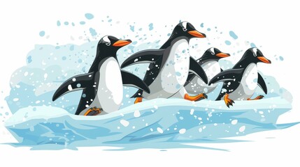 Penguins joyfully sliding on ice and frolicking in snow.