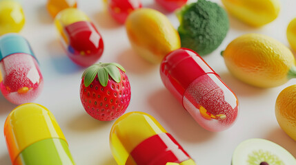 Colorful pills with fruits and vegetables