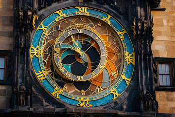 Obraz premium The intricate astronomical clock, adorned with zodiac signs and golden accents, graces the facade of a historic European building
