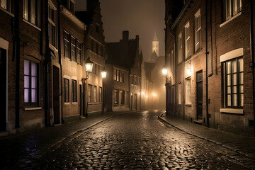 Fototapeta na wymiar A moody scene of a foggy cobblestone street at night in an old historic town, with vintage street lamps alight