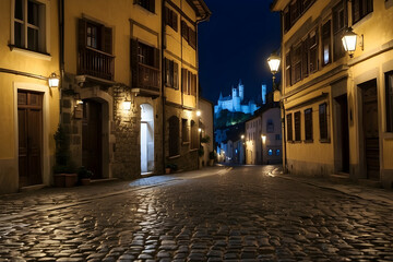 Nighttime photography of a cobbled street with historical European style buildings and a castle in the background