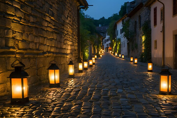 An enchanting cobblestone street lined with glowing lanterns provides a warm and inviting atmosphere in the evening