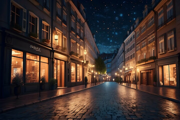 Fototapeta premium A nighttime street scene with the illumination of shopfronts and a starry sky above, rendered in a digital illustration