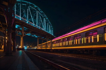 Fototapeta premium A train at night under a vibrant, illuminated bridge giving a sense of late-night travel vibes