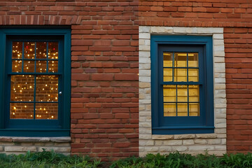 Warmly lit windows stand out on the red brick wall of a building during twilight