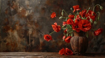 Bright red poppies arranged in a rustic vase on a wooden surface.