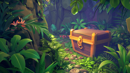Vibrant cartoon jungle filled with exotic animals and a secretive treasure.
