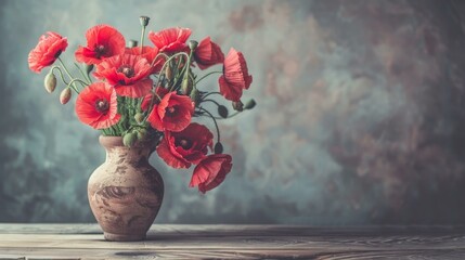 Vibrant red poppies in a rustic vase on a wooden surface, pristine backdrop.