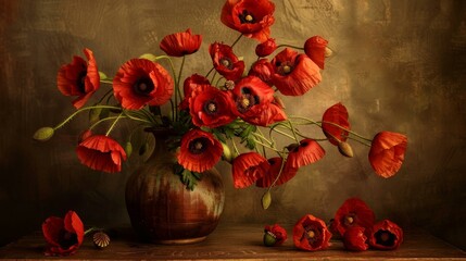 A vibrant bouquet of red poppies in a vintage vase on a wooden table.