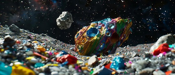 Colorful asteroid floating in a cosmic scene, surrounded by rocks in outer space, shining with vivid colors under the starlit sky.